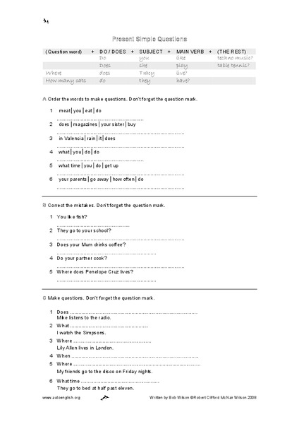 Present Simple Questions Worksheet