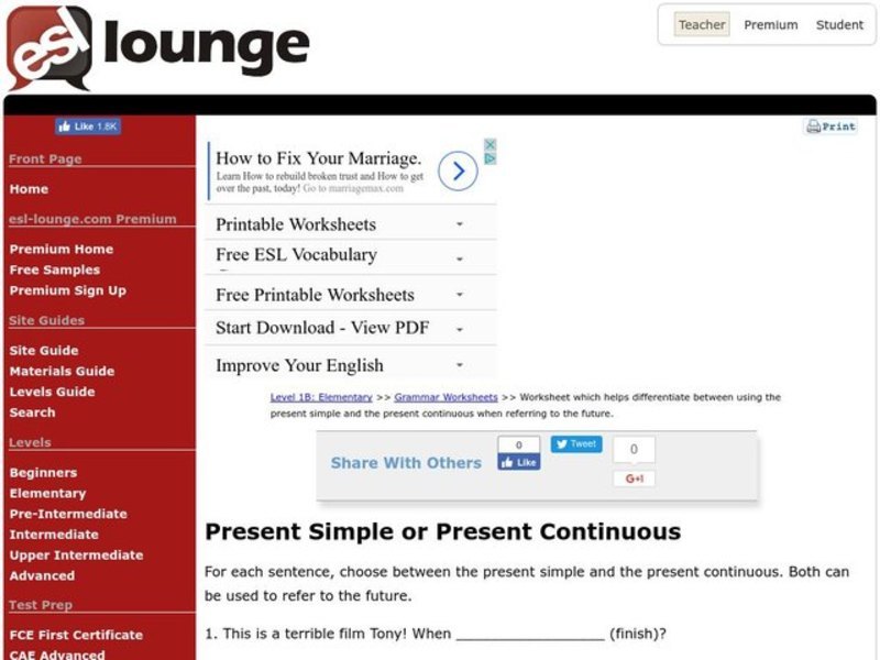 Present Simple or Present Continuous Worksheet