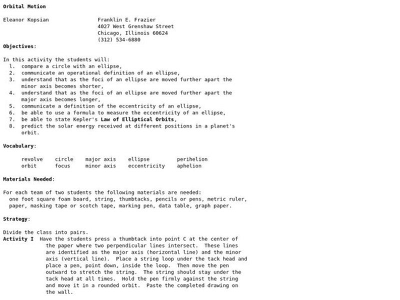 Orbital Motion Lesson Plan