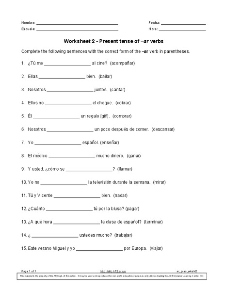 Present tense of -ar verbs Worksheet