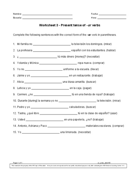 Present tense of -ar verbs Worksheet
