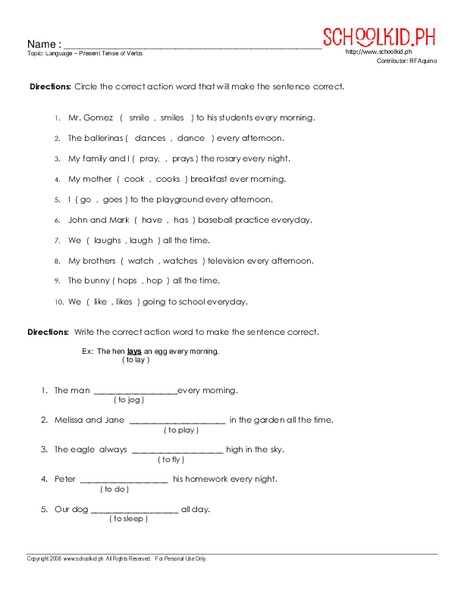 Present Tense Verbs Worksheet