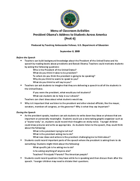 President Obama's Address to Students Across America Lesson Plan