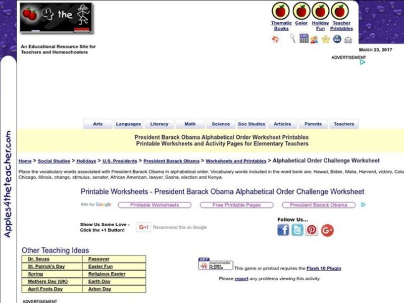 President Barack Obama Alphabetical Order Worksheet Interactive