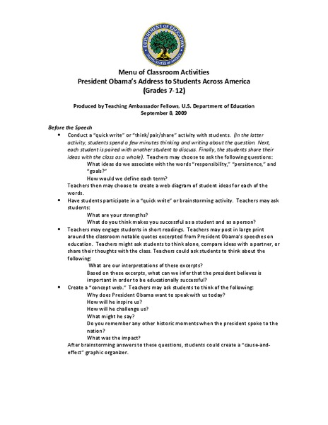 President Obama's Address to Students Across America Lesson Plan
