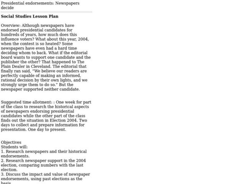 Presidential endorsements: Newspapers decide Lesson Plan