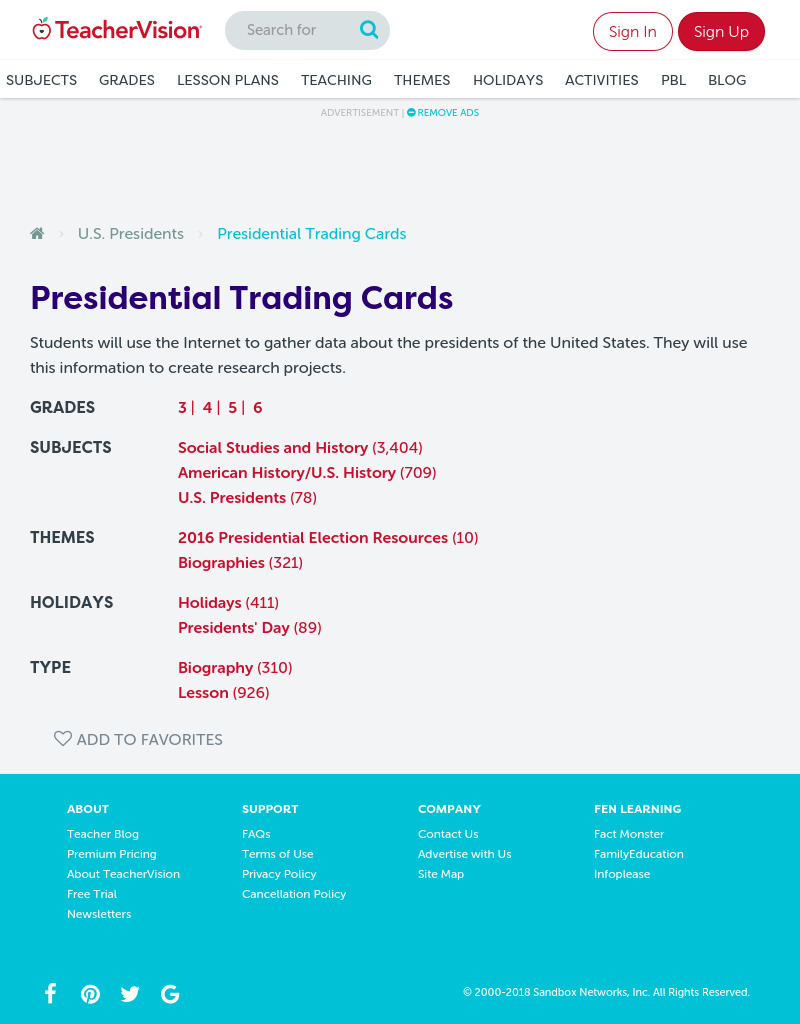 Presidential Trading Cards Lesson Plan