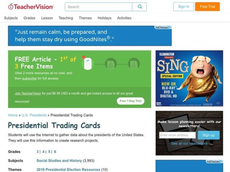 Presidential Trading Cards Lesson Plan