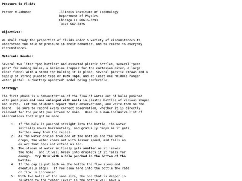 Pressure in Fluids Lesson Plan