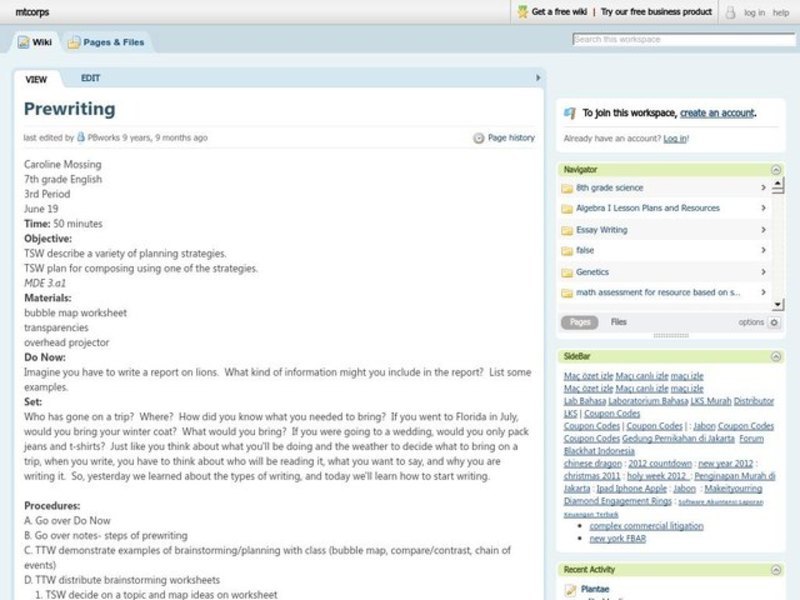 Prewriting Lesson Plan