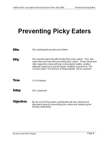Preventing Picky Eaters Lesson Plan