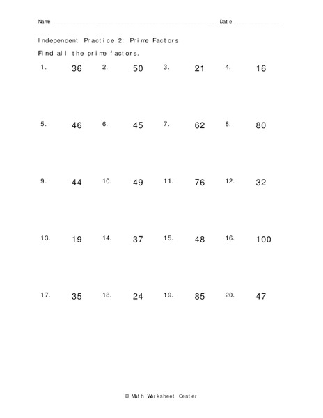 Prime Factors Worksheet