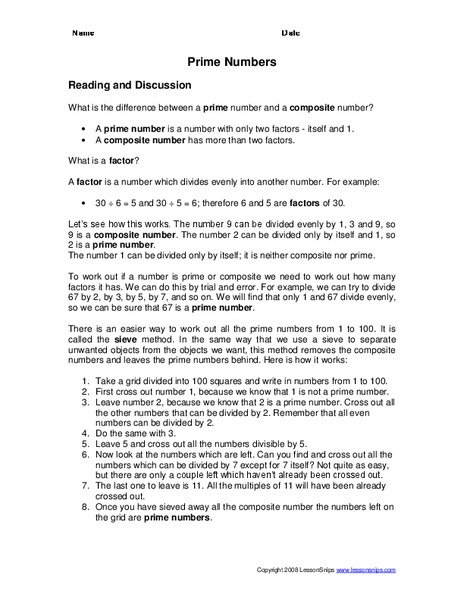 Prime Numbers Worksheet