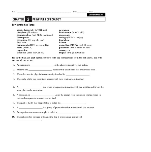 Principles of Ecology Worksheet