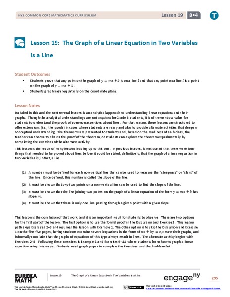 The Graph of a Linear Equation in Two Variables Is a Line Lesson Plan