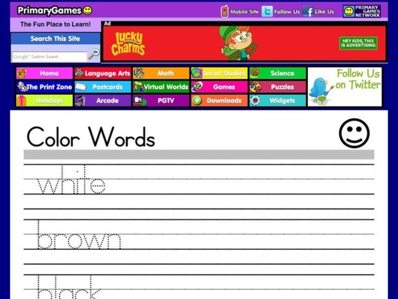 Printing Practice: Color Words Worksheet