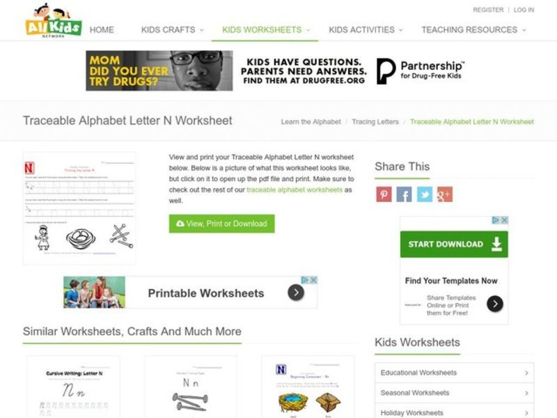 Printing the Letter N Worksheet