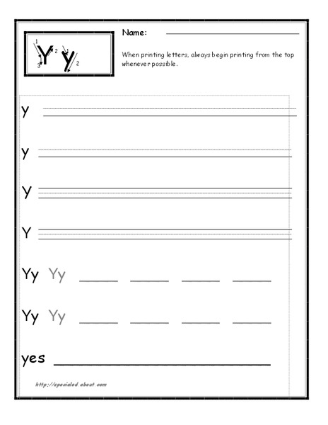 Printing the Letter Y Worksheet