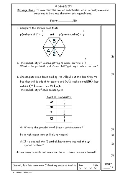 Probability Worksheet
