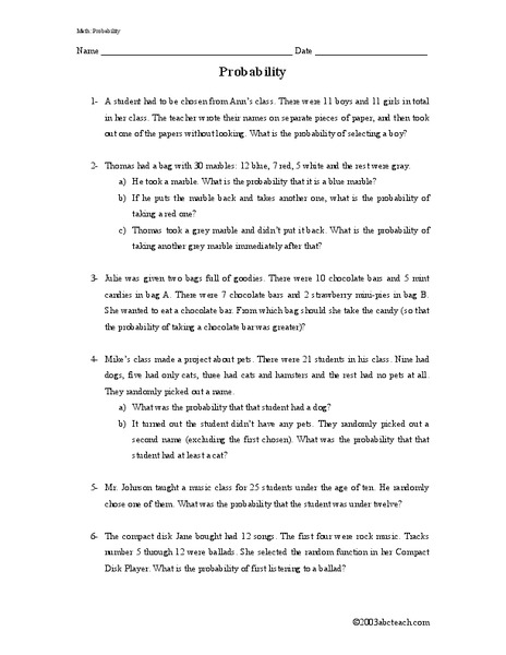 Probability Worksheet