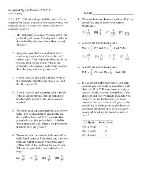 Probability Worksheet