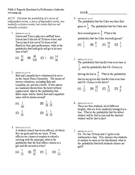 Probability Worksheet