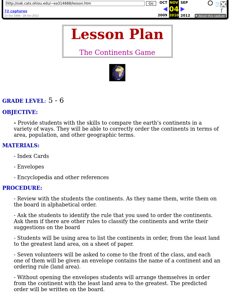 The Continents Game Lesson Plan