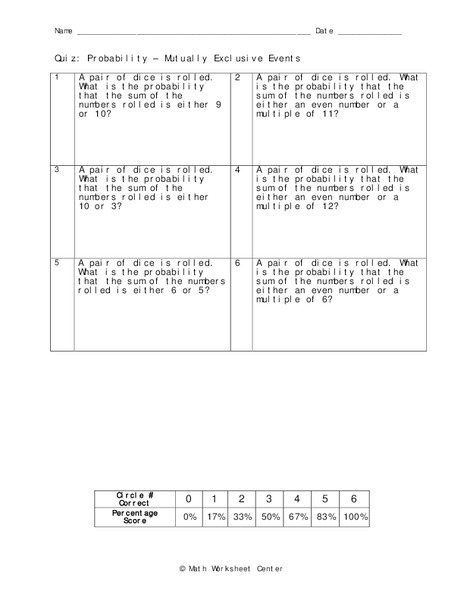 Probability - Mutually Exclusive Events Worksheet