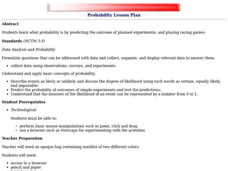 Probability Lesson Plan Lesson Plan