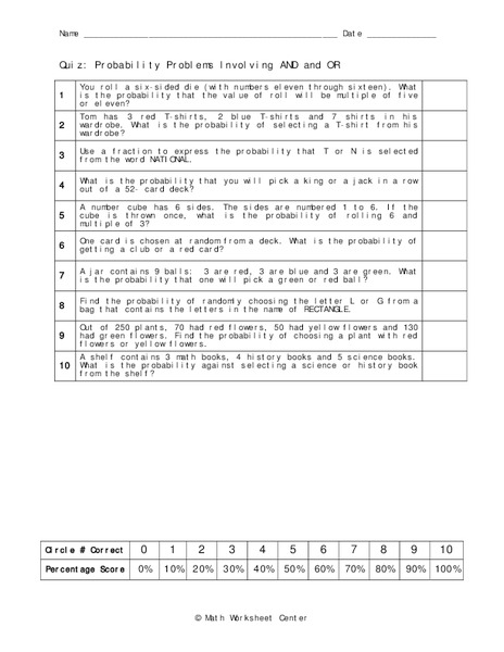Probability Problems Worksheet