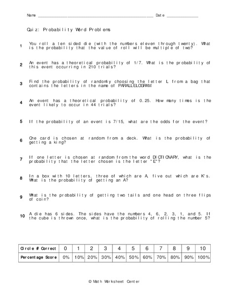 Probability Word Problems Worksheet