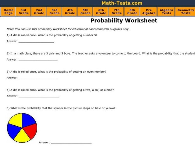 Probability Worksheet Worksheet