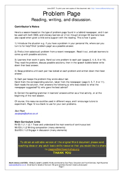 Problem Page Worksheet