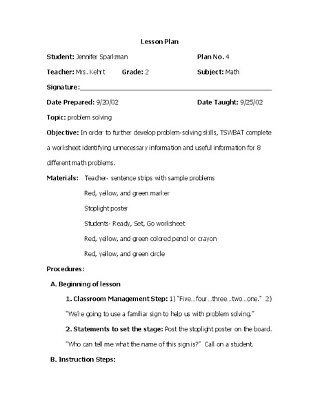Problem Solving Lesson Plan