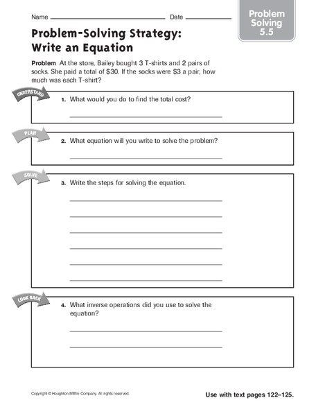 Problem Solving Strategy: Write an Equation Worksheet