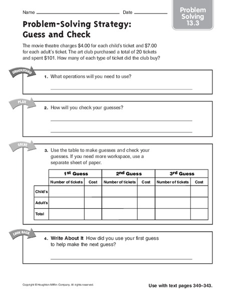 Problem Solving: Guess and Check Worksheet