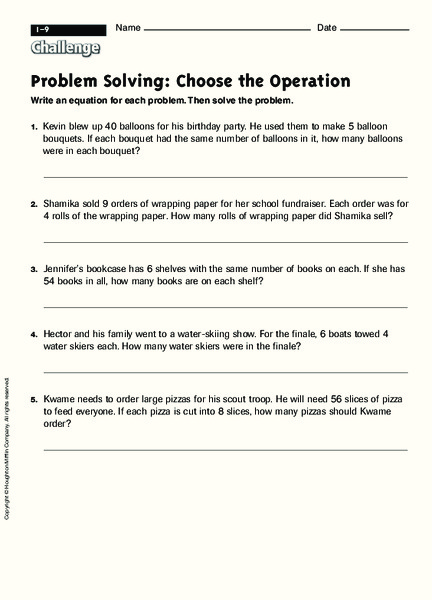 Problem Solving: Choose the Operation Worksheet