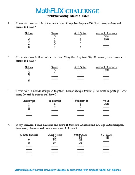 Problem Solving: Make a Table Worksheet