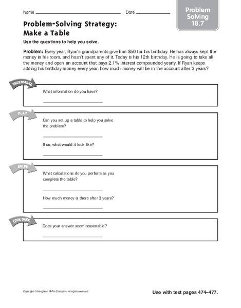 Problem Solving: Make a Table Worksheet