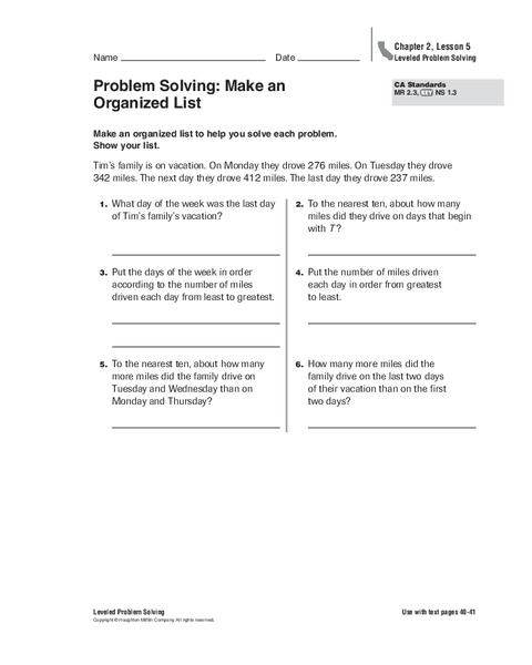 Problem Solving: Make an Organized List Worksheet