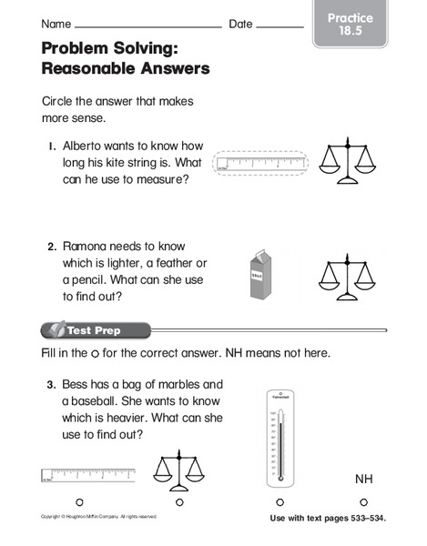 Problem Solving: Reasonable Answers Worksheet