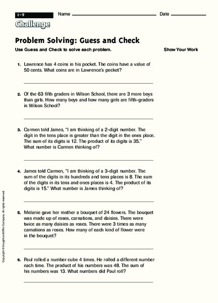 Problem Solving: guess and check Worksheet