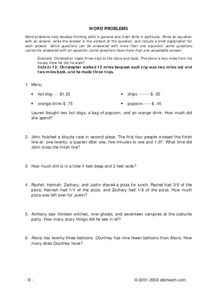 Problem Solving: Story Problems Worksheet