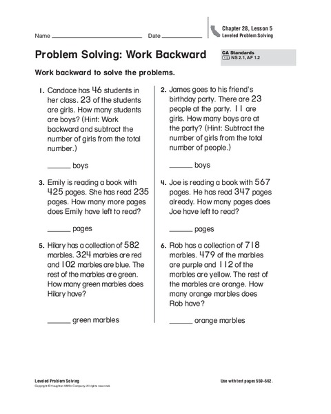 Problem Solving: Work Backward Worksheet