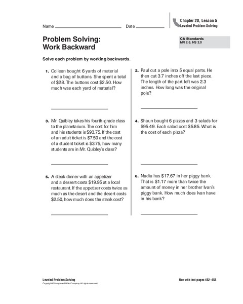 Problem Solving: Work Backward Worksheet