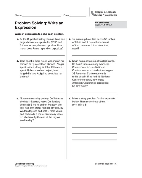 Problem Solving: Write an Expression Worksheet
