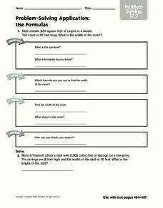 Problem-Solving Application: Use Formulas Worksheet
