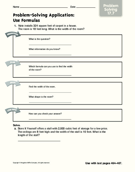 Problem-Solving Application: Use Formulas Worksheet
