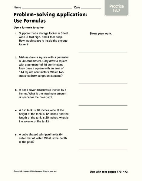 Problem-Solving Application: Use Formulas: Practice Worksheet