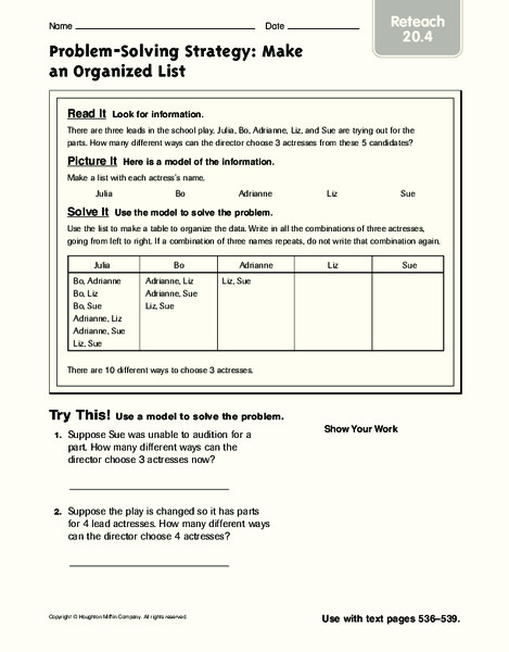 Problem-Solving Strategy: Make an Organized List Worksheet